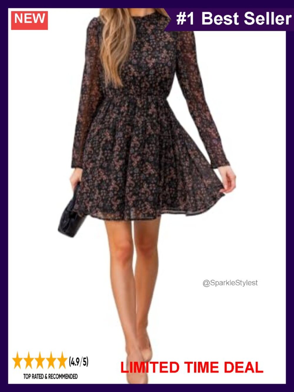 Floral Chiffon Mini Dress Mock Neck Puff Sleeve Smocked Waist